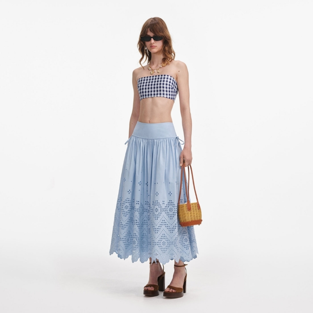 Self Portrait Blue Cotton Broderie Midi Skirt - Picture 2 of 12